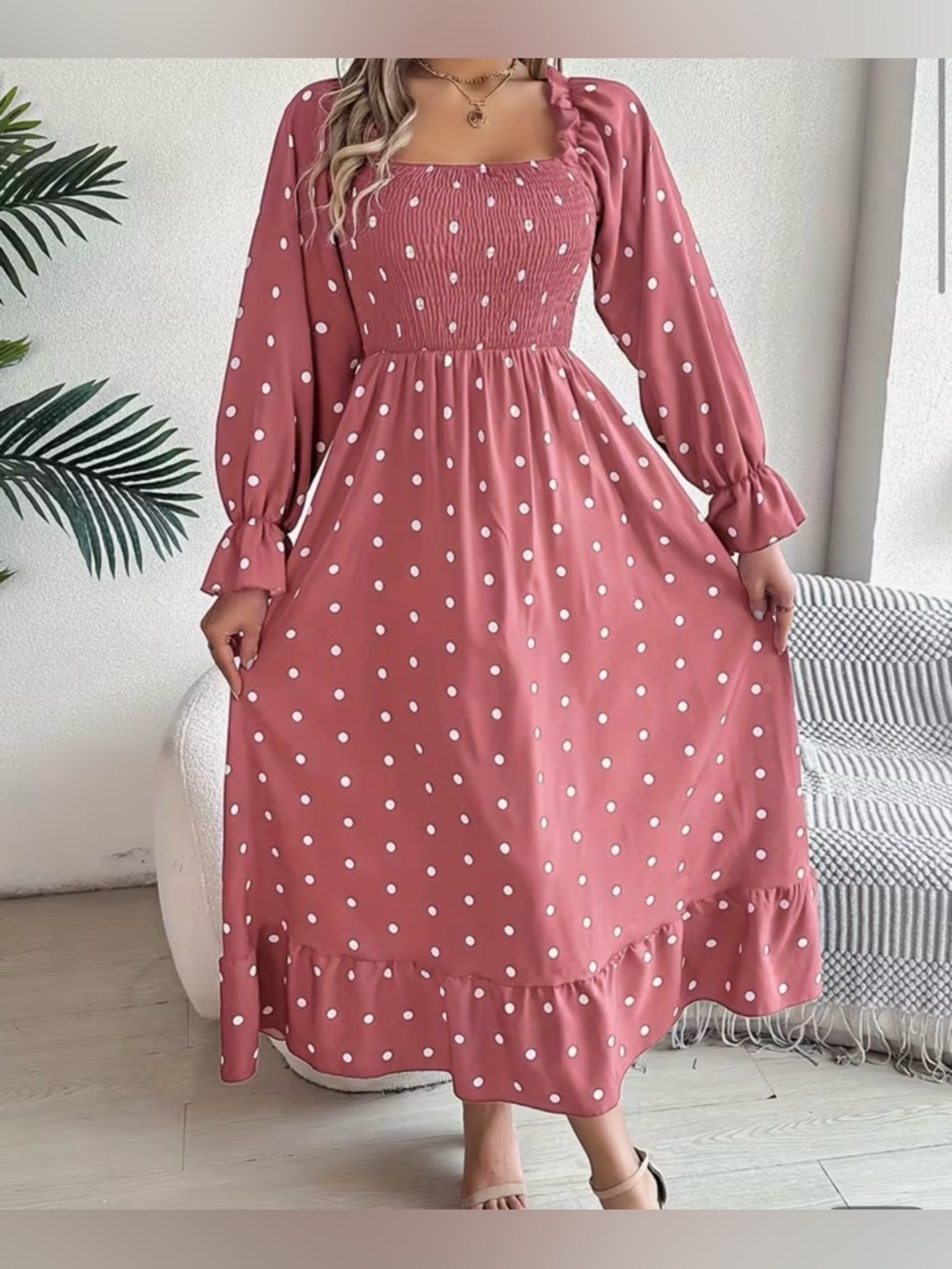 Polka Dot Smocked Maxi Dress - Dusty Rose